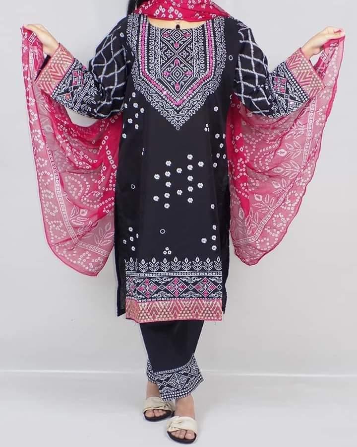 3 pcs Women's Stitched Katan Silk Printed suit