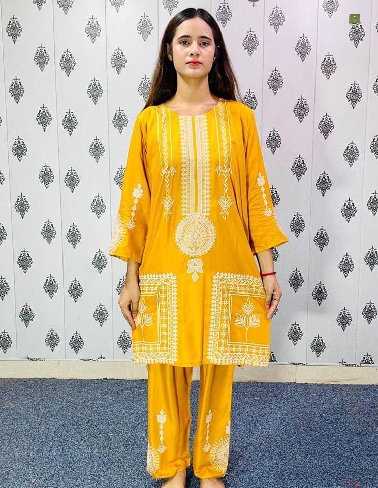 2 PCS WOMEN'S STITCHED ARABIC LAWN BLOCK PRINTED SHIRT WITH TROUSER