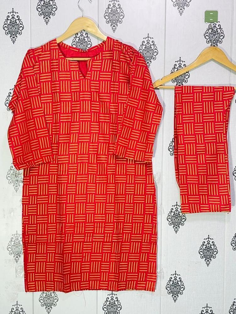 2 PCS WOMEN STITCHED LINE PRINTED SUIT