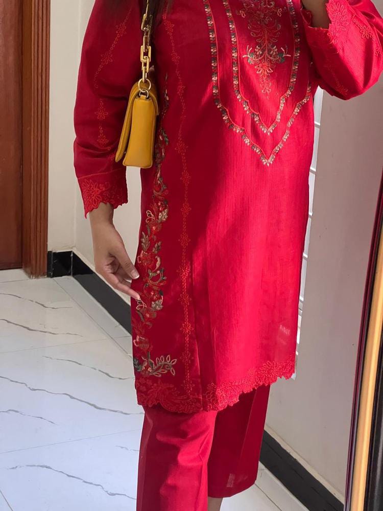 2 PCS WOMEN'S STITCHED COTTON EMBROIDERED SHIRT  AND TROUSER