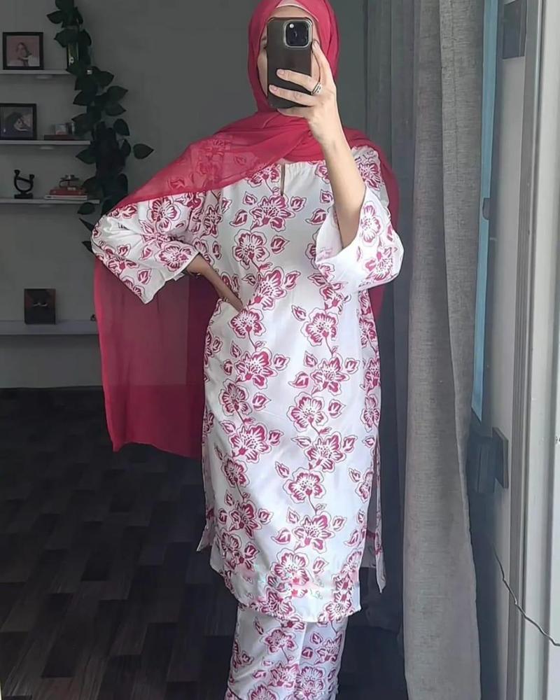2 Pcs Women's Stitched Lien Printed Shirt And Trouser
