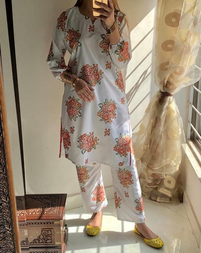 2 Pcs Women's Stitched Lien Printed Suit