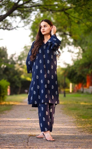 2PCS STITCHED LINEN BLOCK PRINTED SUIT