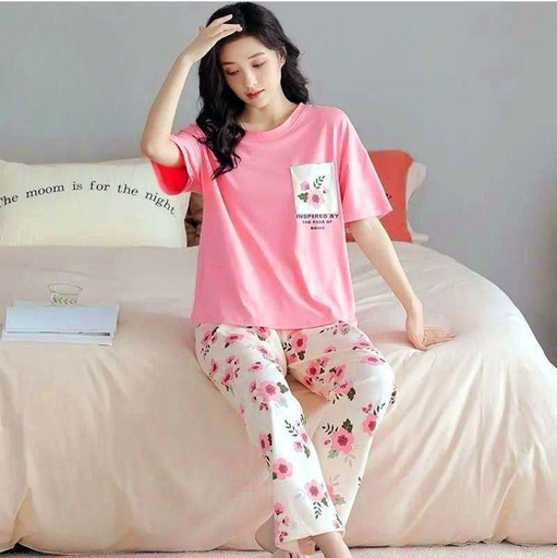 WOMEN'S STITCHED COTTON JERSEY PRINTED NIGHT SUIT