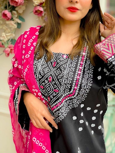 3 pcs Women's Stitched Katan Silk Printed suit